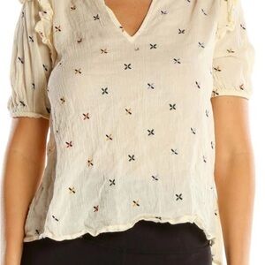 Madewell Cream Embroidered V-Neck Puff Sleeve Blouse